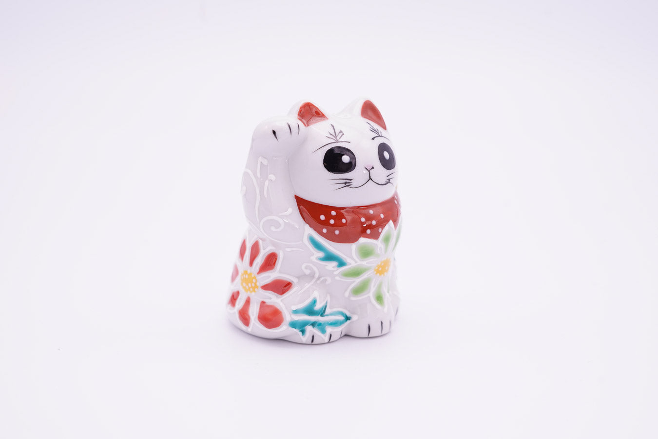 招き猫 3.2号|花盛 右手【絵付:伝統工芸士 相川志保】